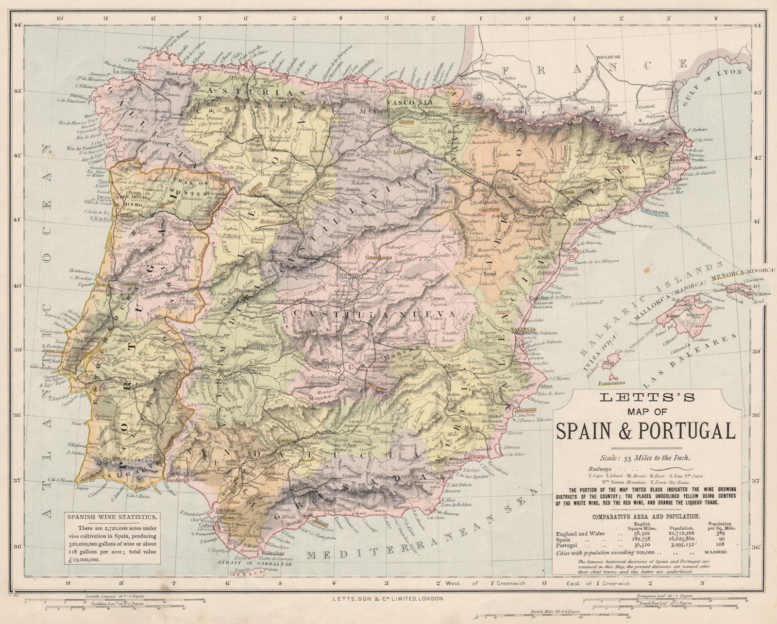 SPAIN & PORTUGAL showing red & white white & liqueur regions. LETTS 1889 map